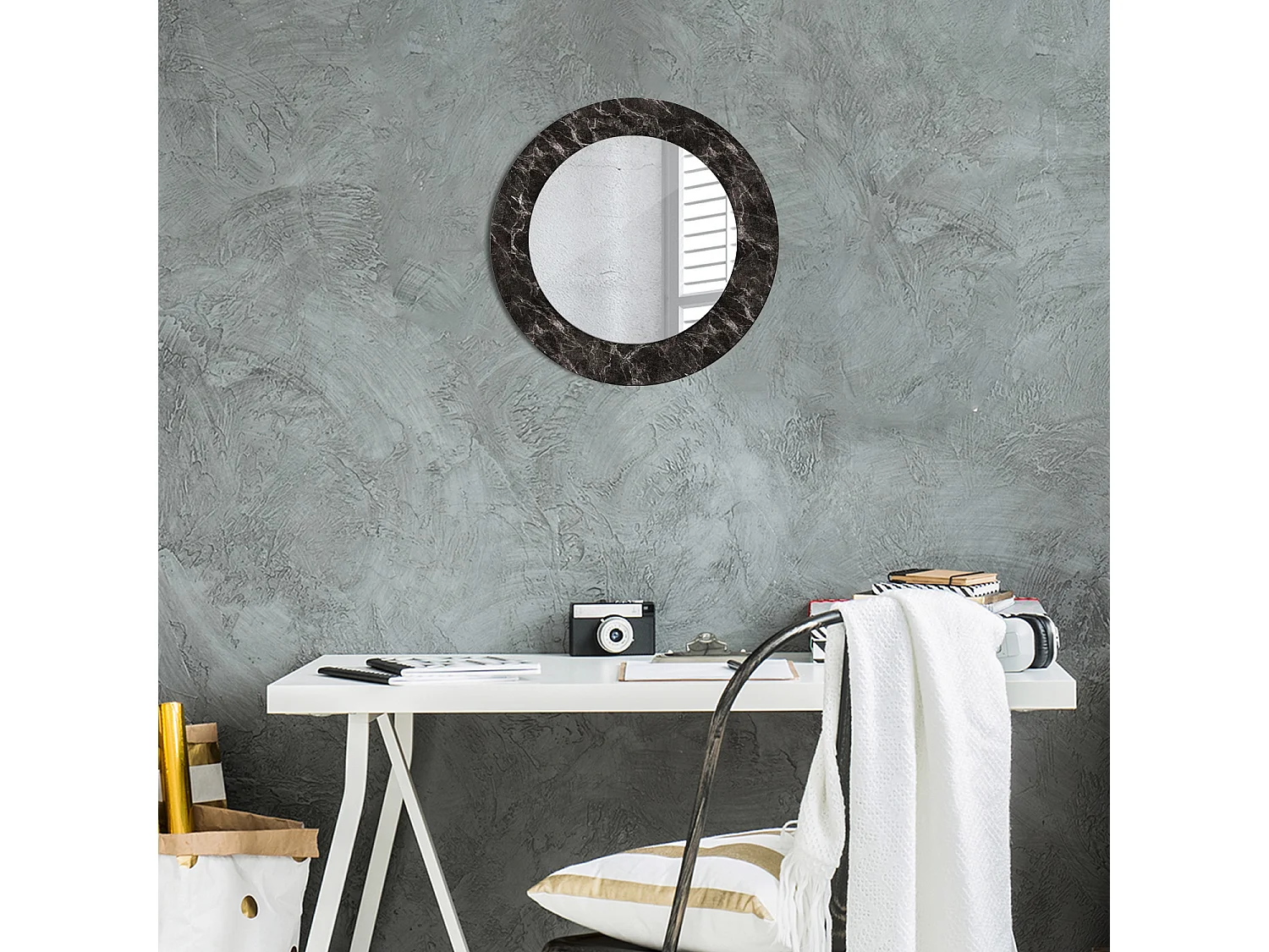 Runder dekorativer Spiegel - Schwarzer Marmor - 50 cm