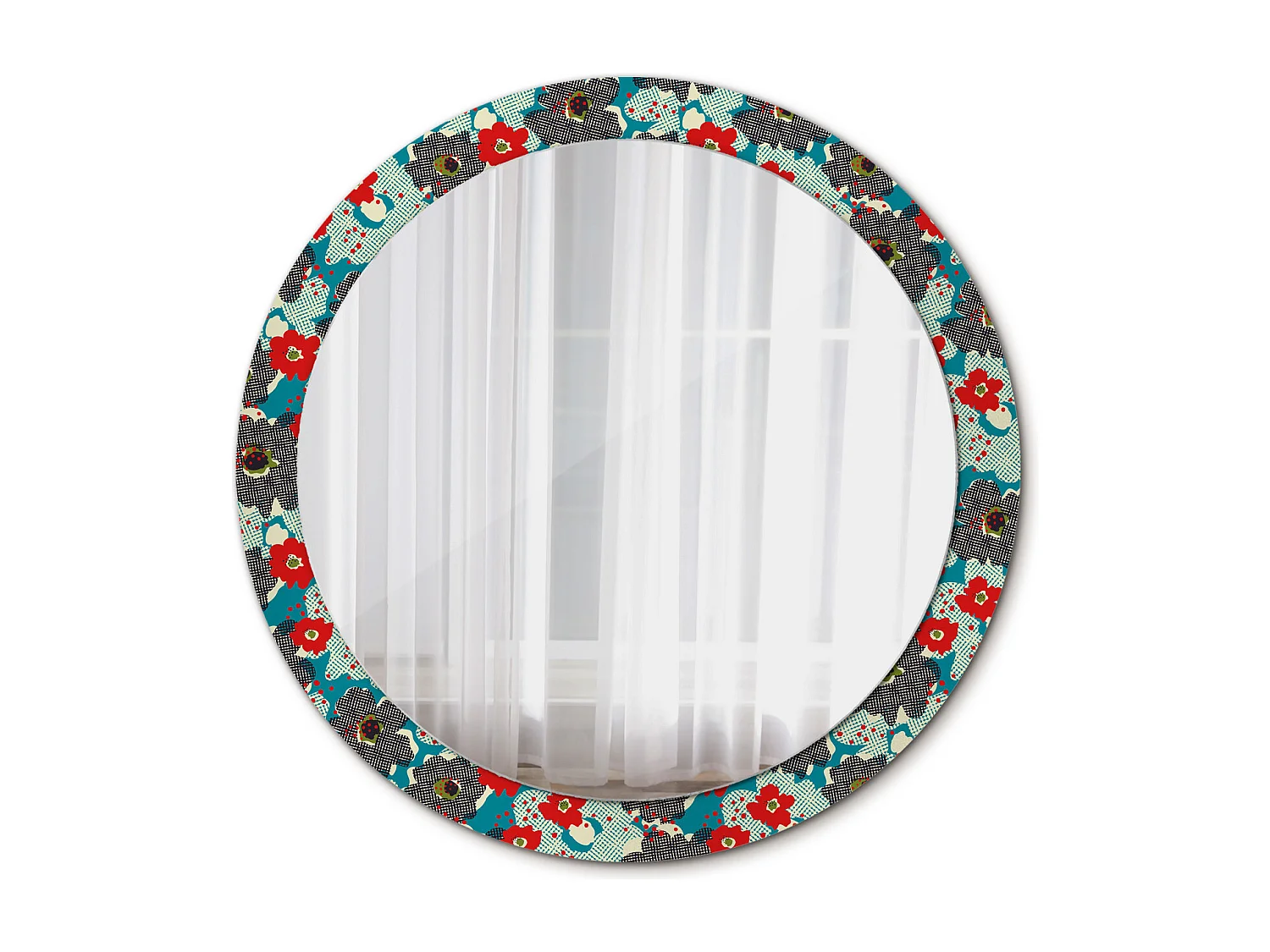 Dekorativer runder Spiegel - Retro-Blumendruck - 90 cm
