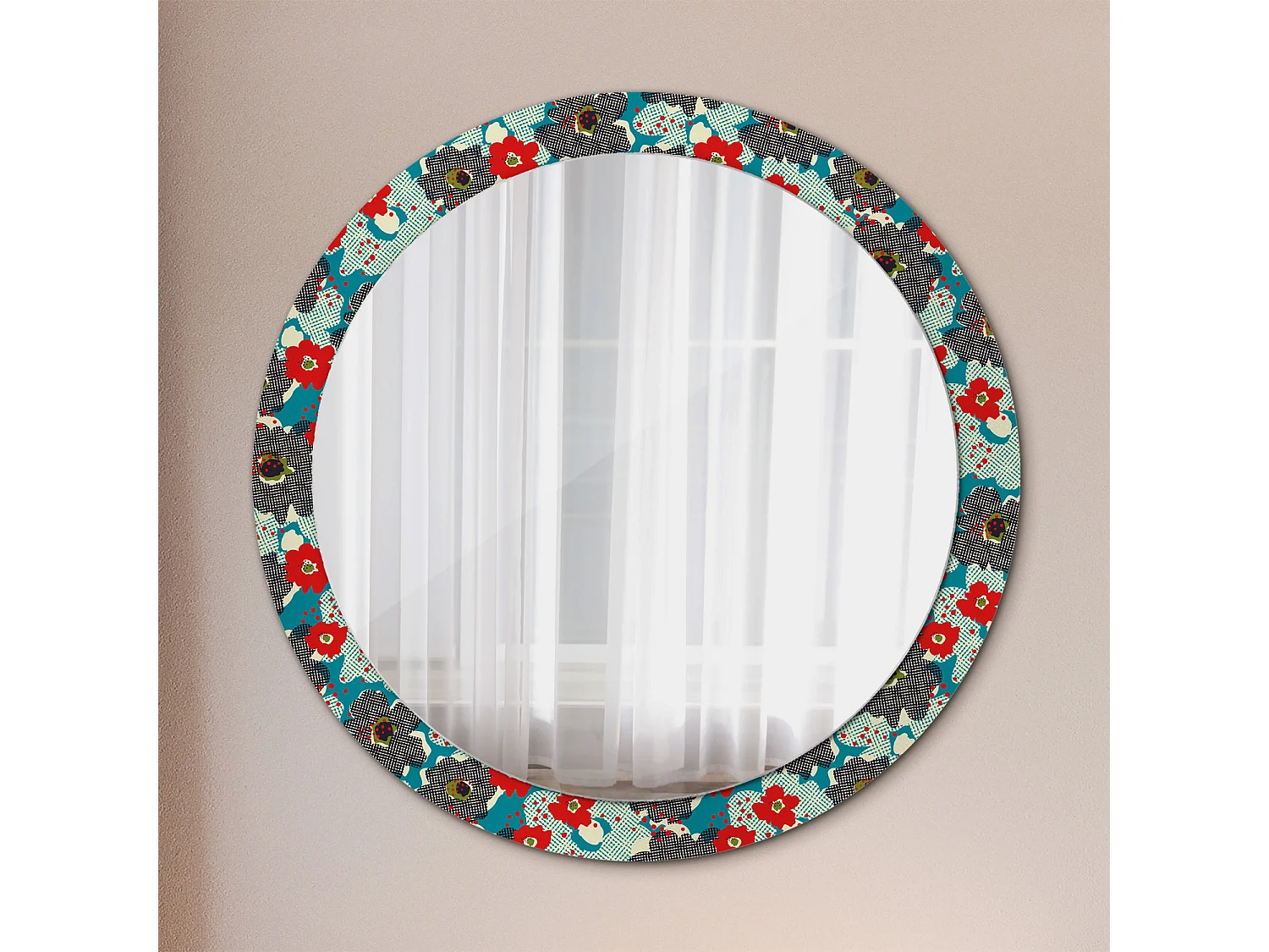 Dekorativer runder Spiegel - Retro-Blumendruck - 90 cm