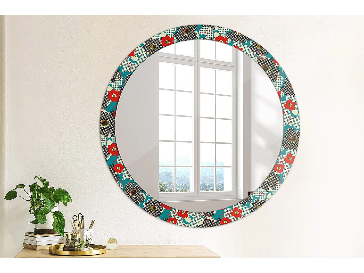 Dekorativer runder Spiegel - Retro-Blumendruck - 90 cm
