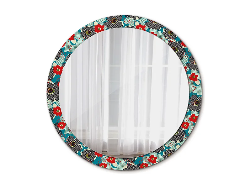 Dekorativer runder Spiegel - Retro-Blumendruck - 90 cm