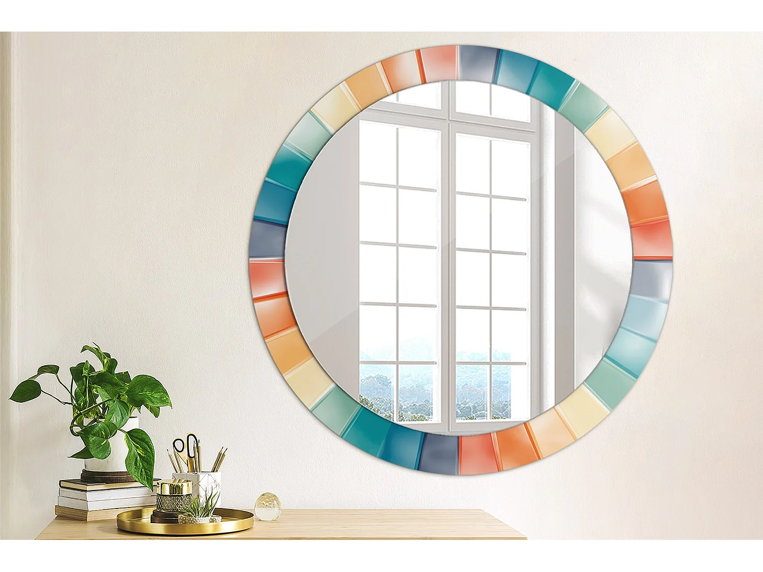 Miroir rond décoratif - Carreaux Rayons Colorés - 80 cm