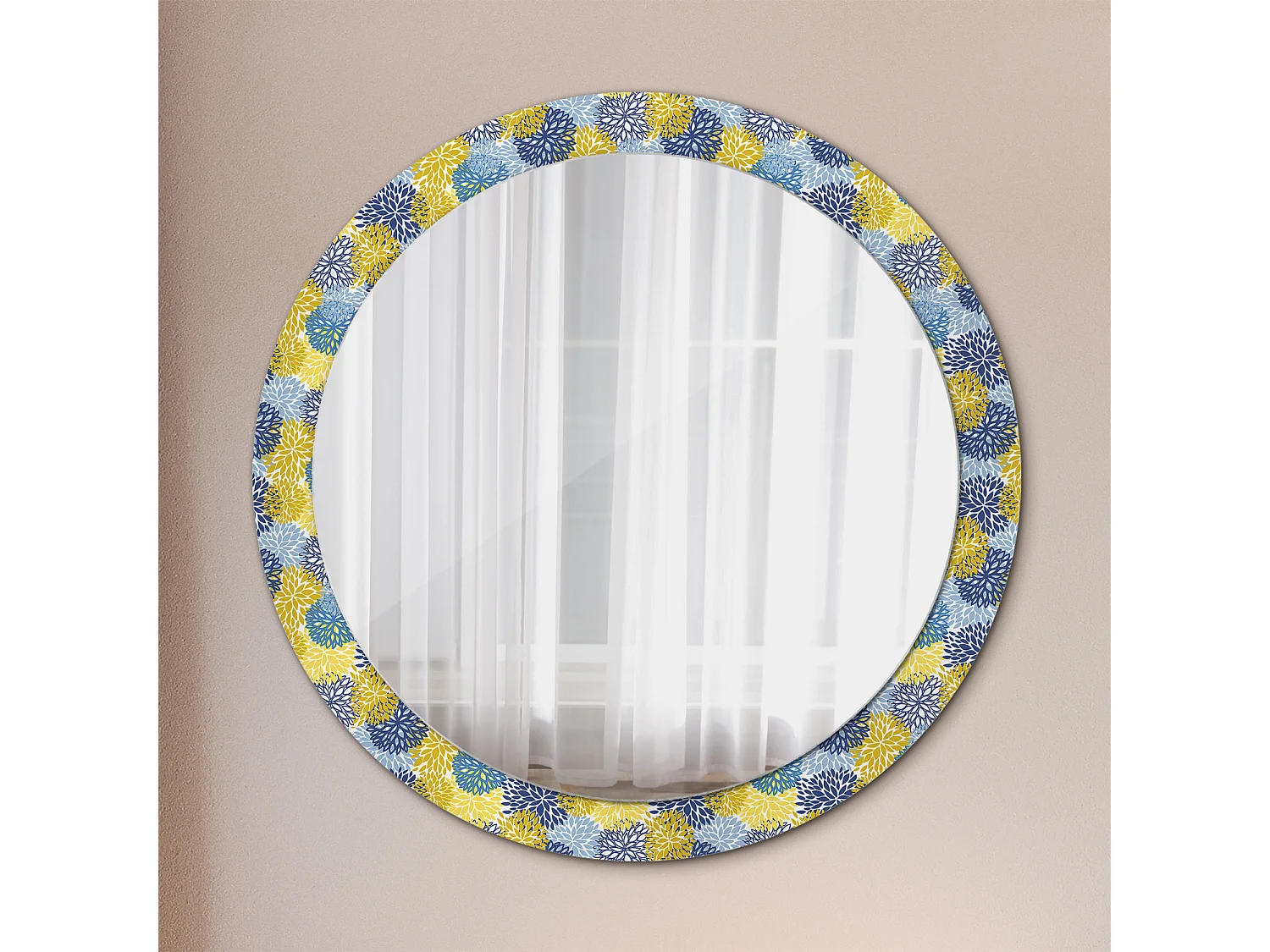 Dekorativer runder Spiegel - Blaue Blumen - 90 cm