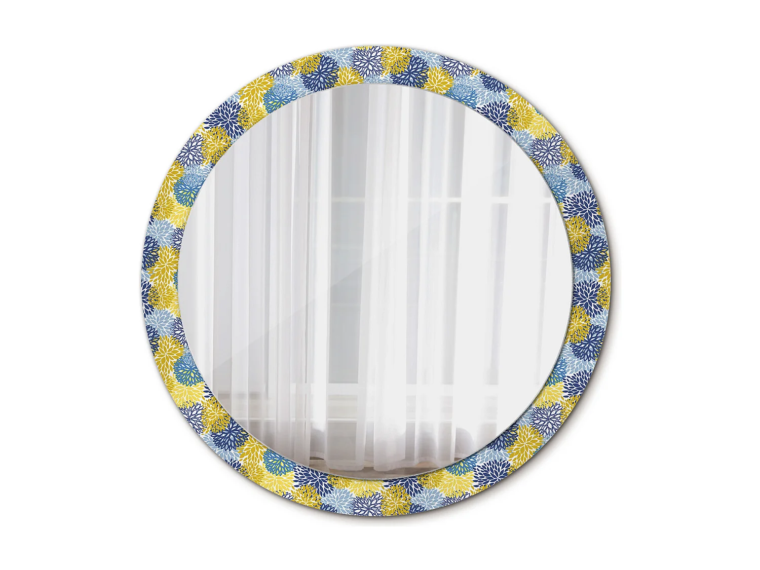Decoratieve ronde spiegel - Blauwe bloemen - 90 cm