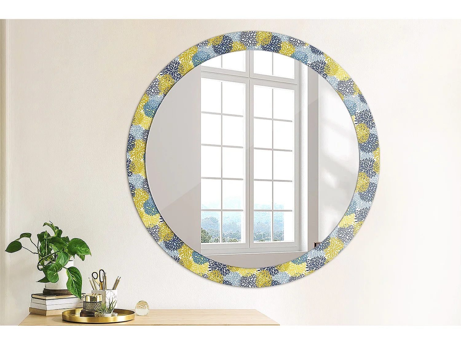 Decoratieve ronde spiegel - Blauwe bloemen - 90 cm