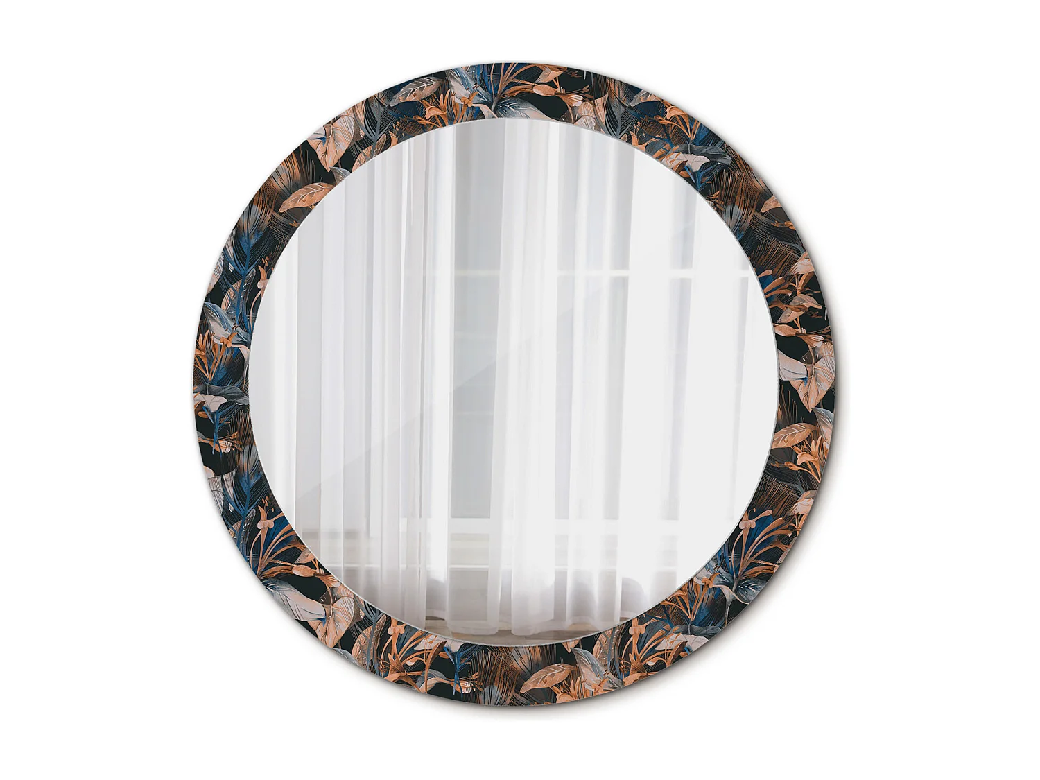 Miroir rond décoratif - Feuilles tropicales foncées - 80 cm