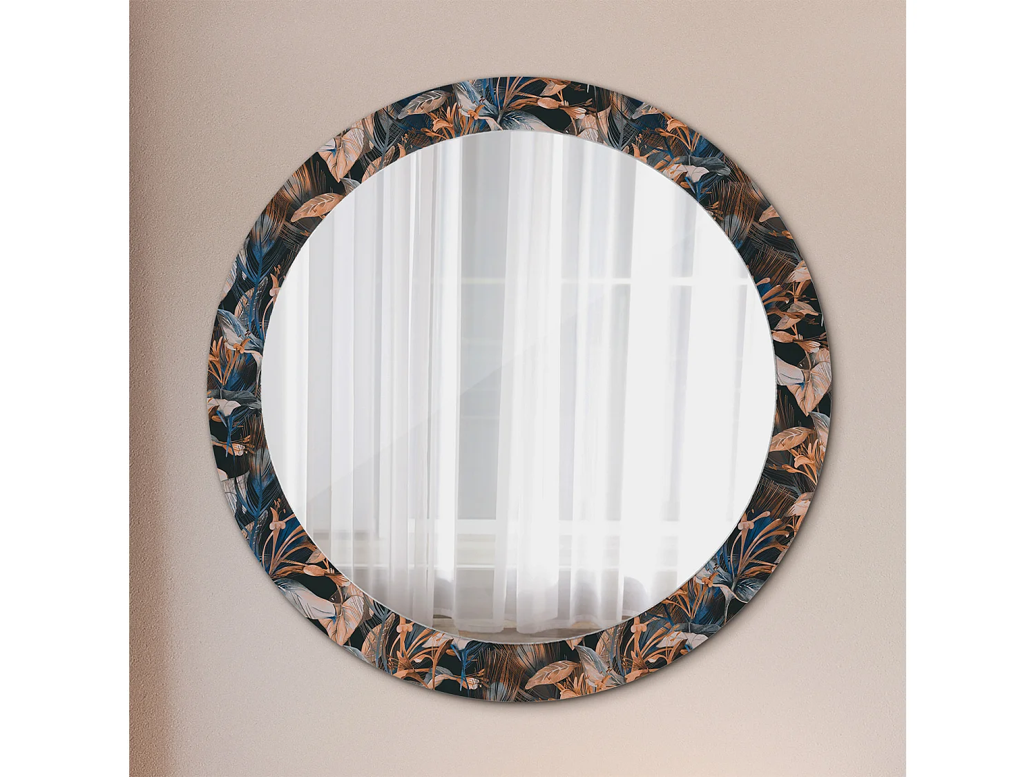 Miroir rond décoratif - Feuilles tropicales foncées - 80 cm