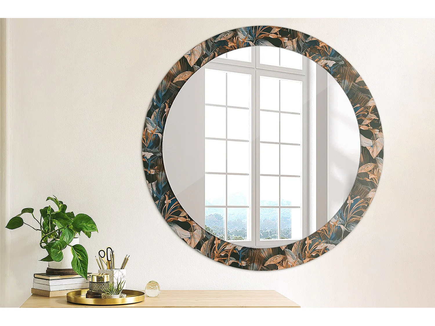 Miroir rond décoratif - Feuilles tropicales foncées - 80 cm