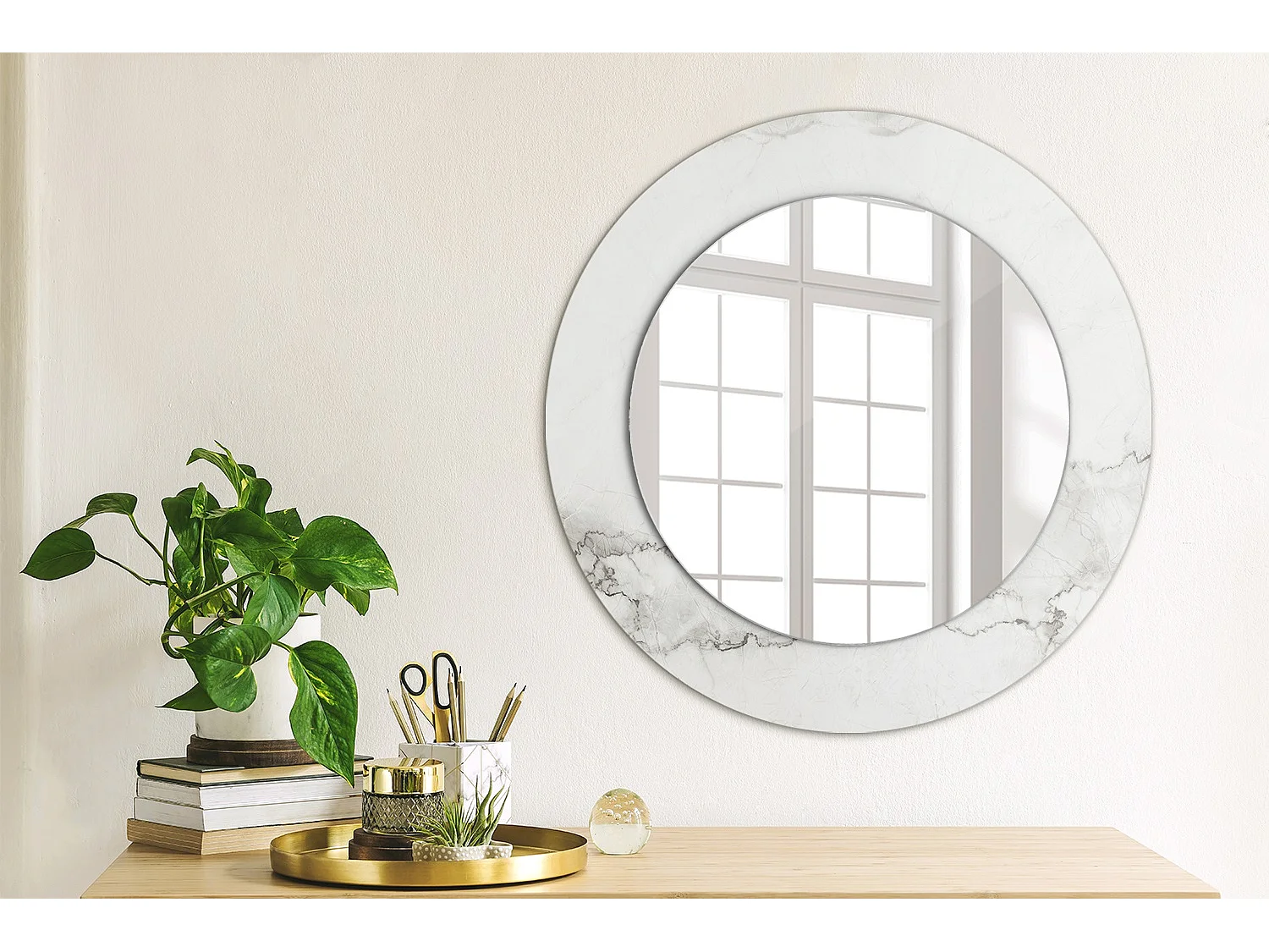Miroir rond décoratif - Marbre blanc - 50 cm