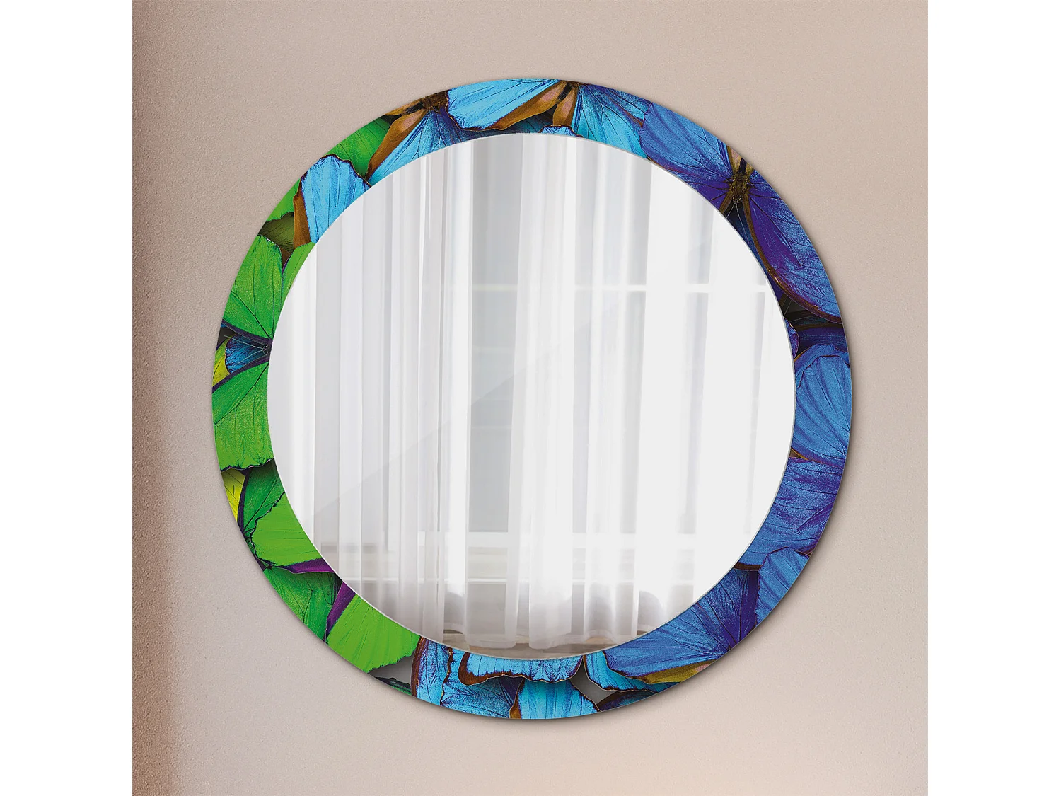 Miroir rond décoratif - Papillon bleu et vert - 80 cm