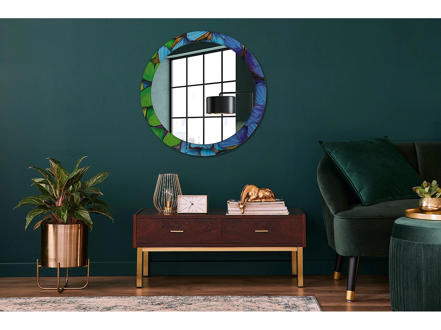 Miroir rond décoratif - Papillon bleu et vert - 80 cm