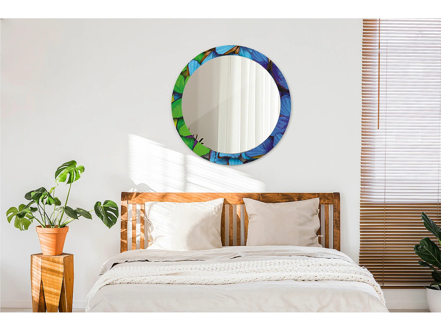 Miroir rond décoratif - Papillon bleu et vert - 80 cm