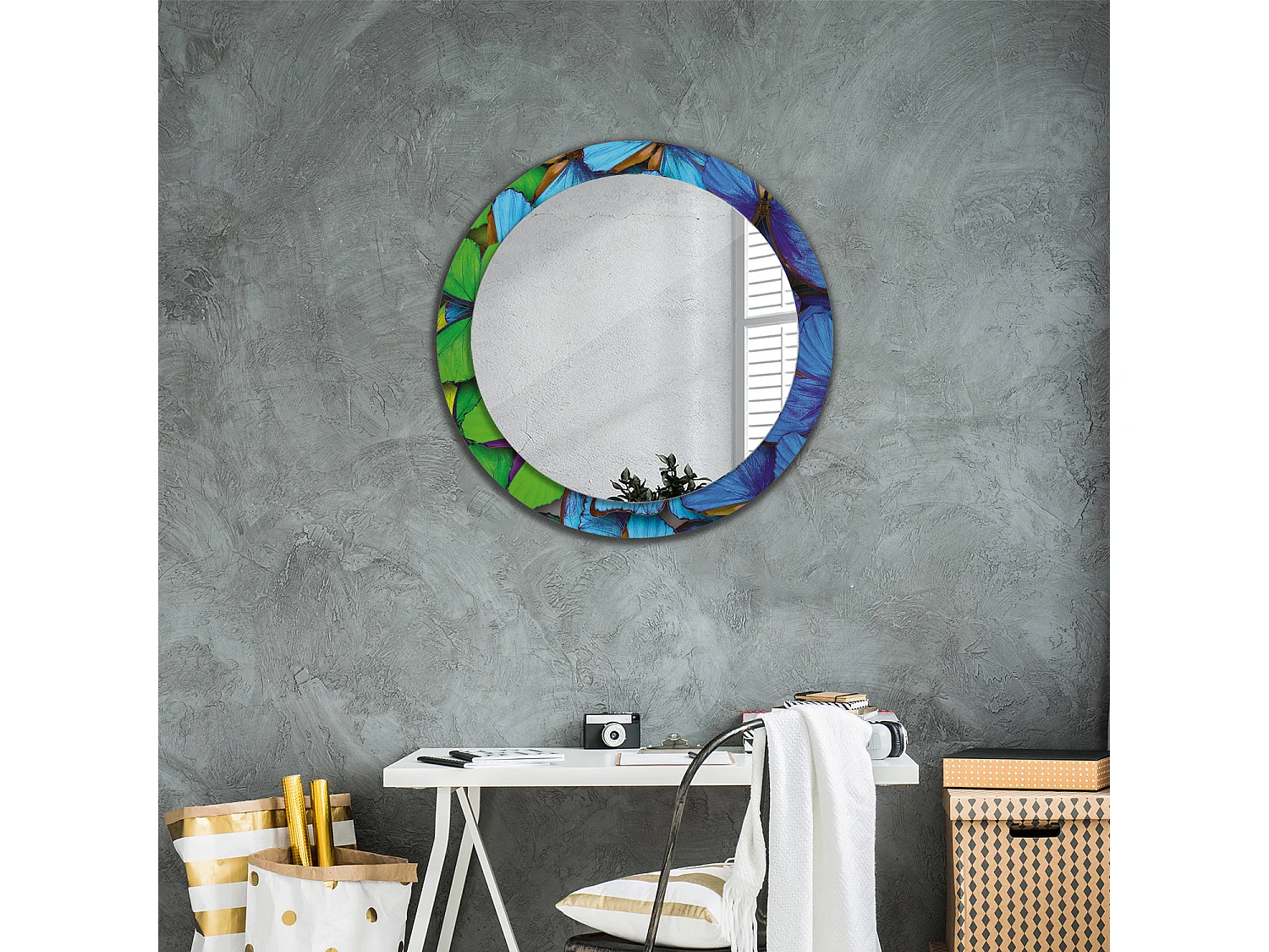 Miroir rond décoratif - Papillon bleu et vert - 80 cm