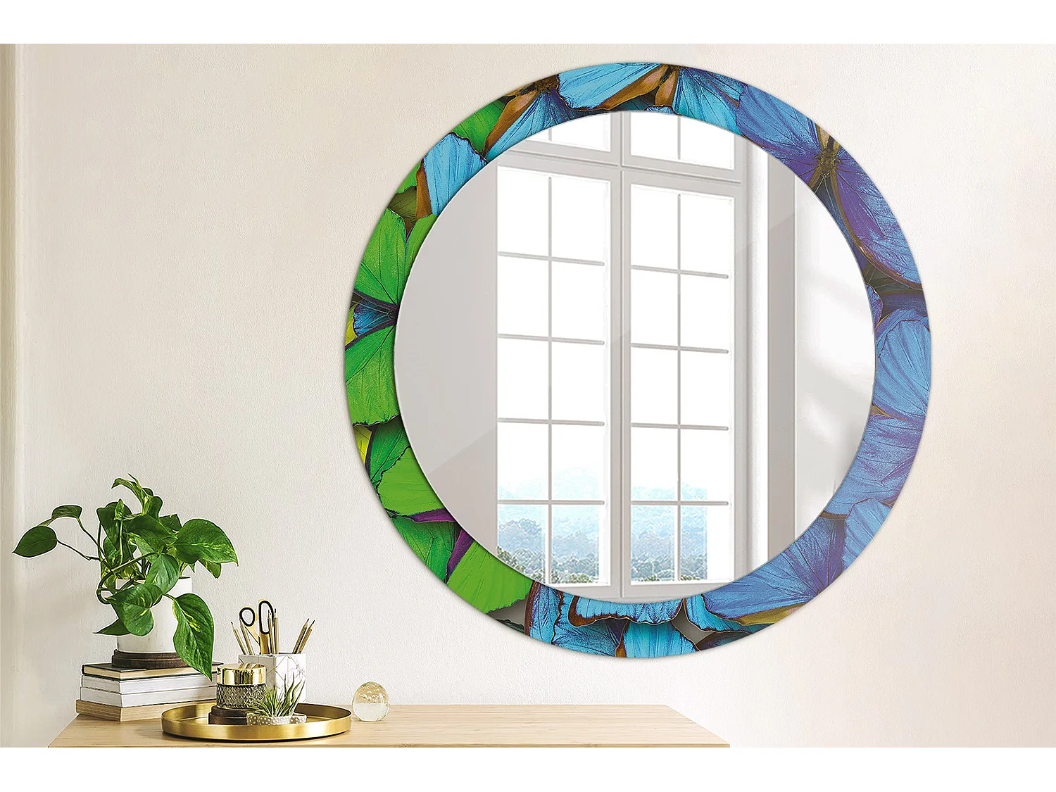 Miroir rond décoratif - Papillon bleu et vert - 80 cm