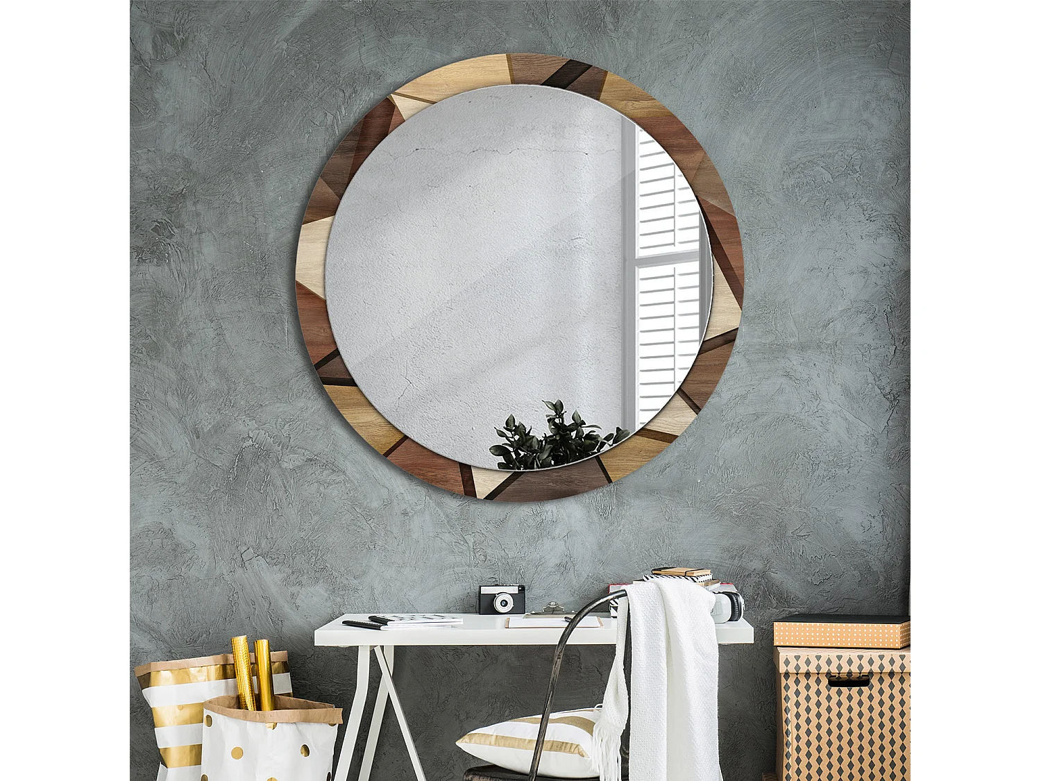 Dekorativer runder Spiegel – 3D-geometrisches Holz – 100 cm