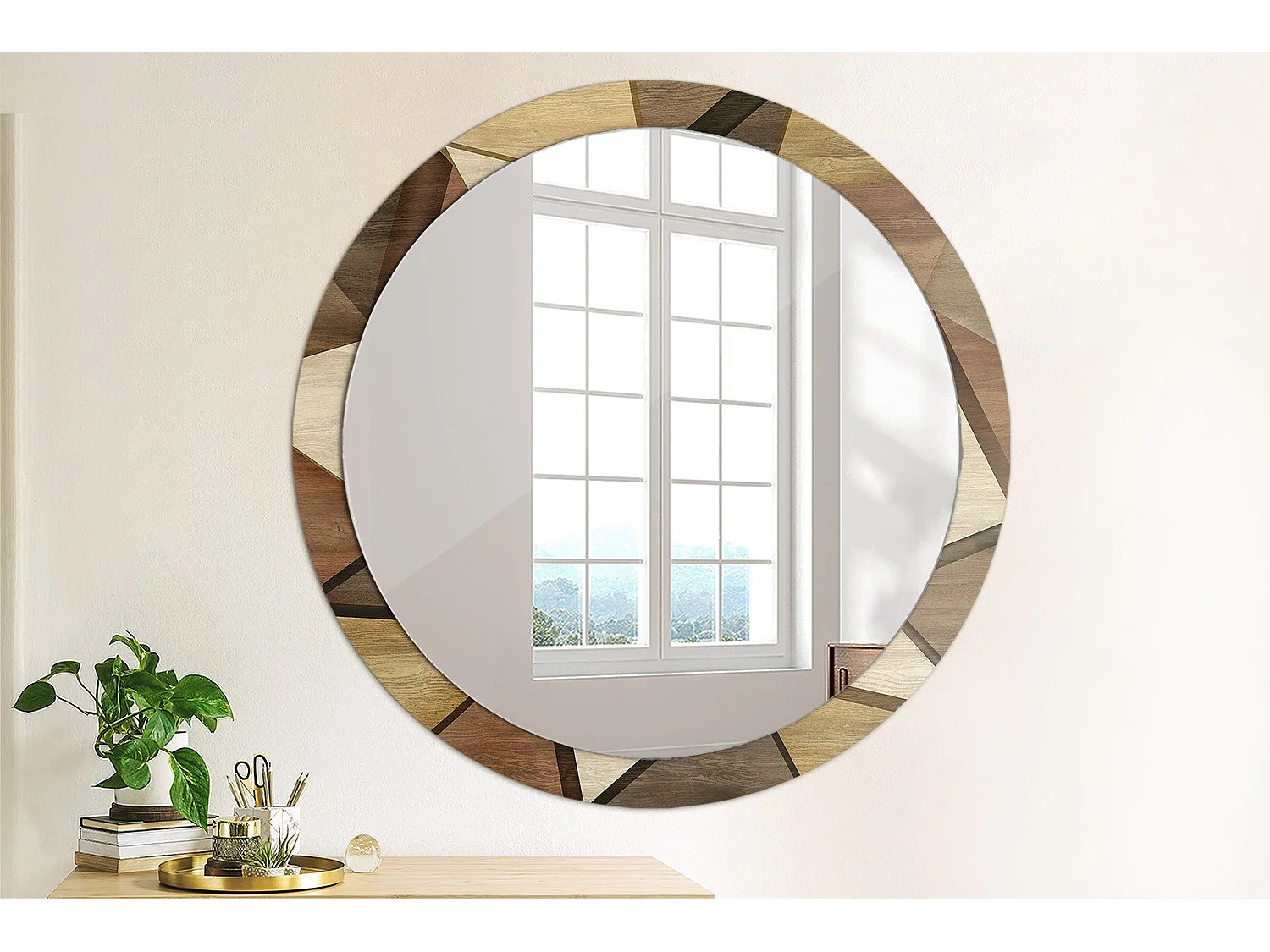 Dekorativer runder Spiegel – 3D-geometrisches Holz – 100 cm