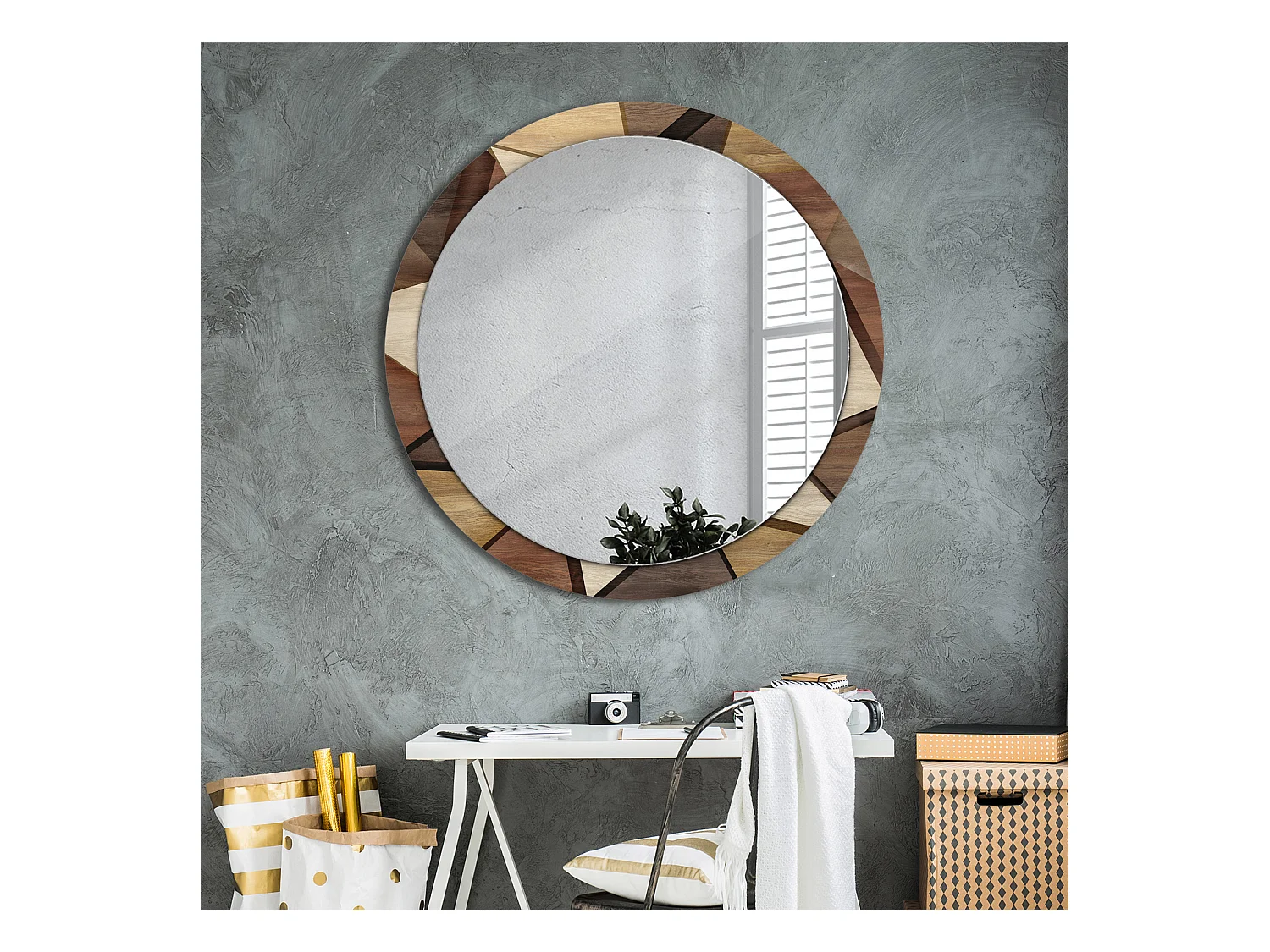 Miroir rond décoratif - Bois 3D géométrique - 100 cm