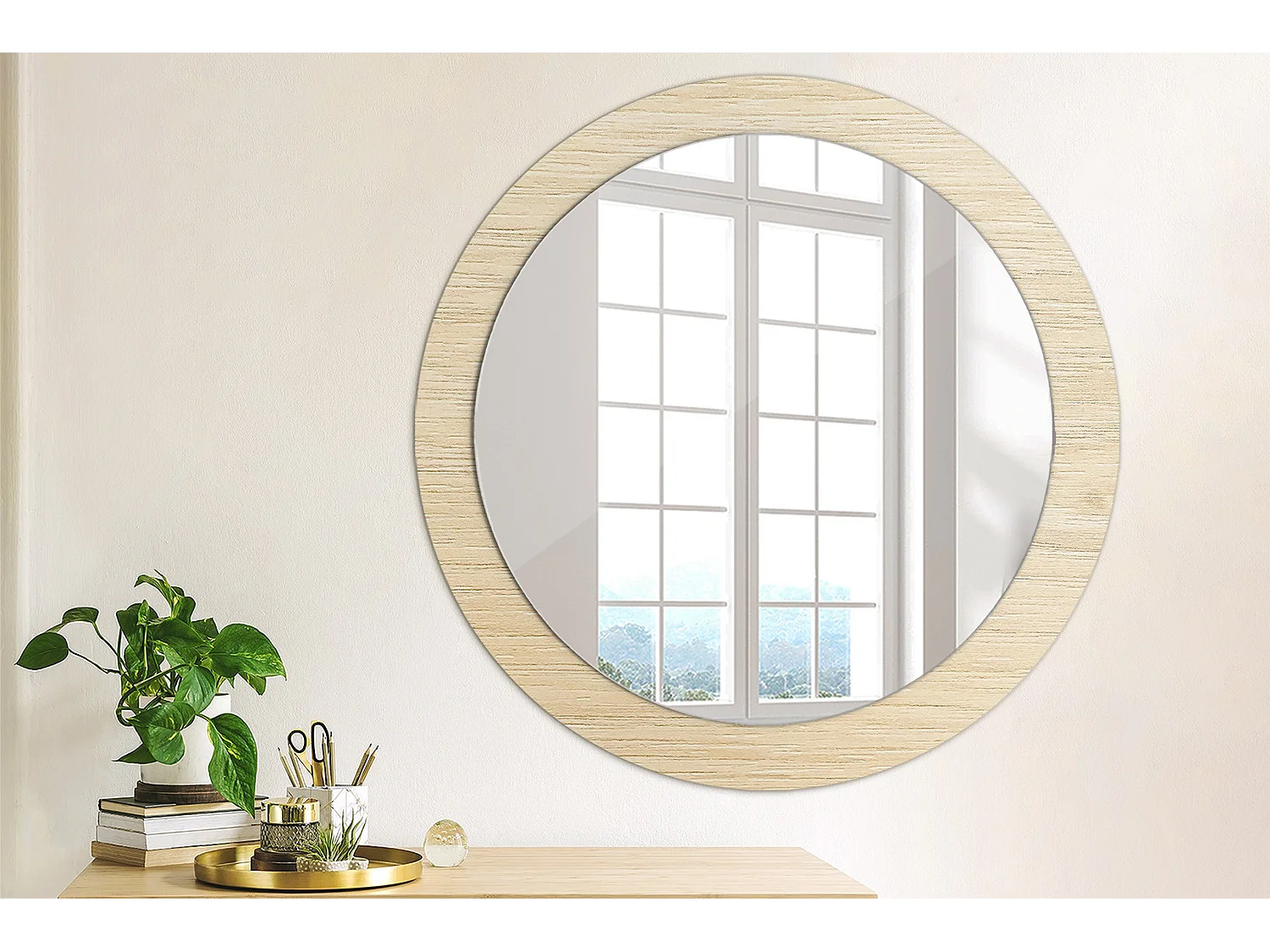 Miroir rond décoratif - Bois clair - 80 cm