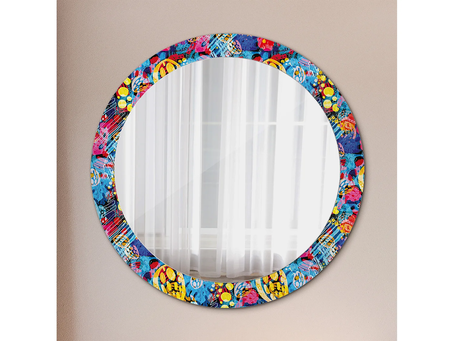 Dekorativer runder Spiegel – Bunte Kritzeleien – 80 cm