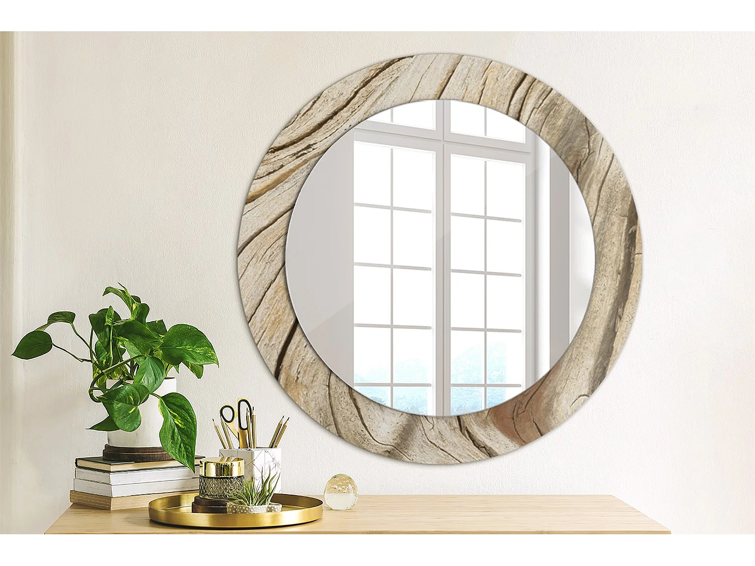 Miroir rond décoratif - Bois craquelé - 70 cm