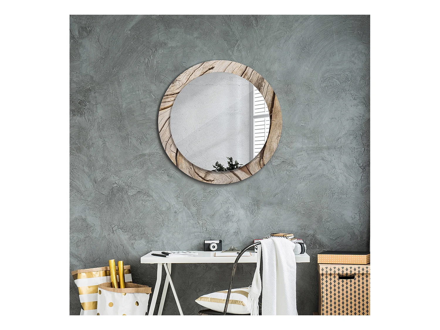 Miroir rond décoratif - Bois craquelé - 70 cm