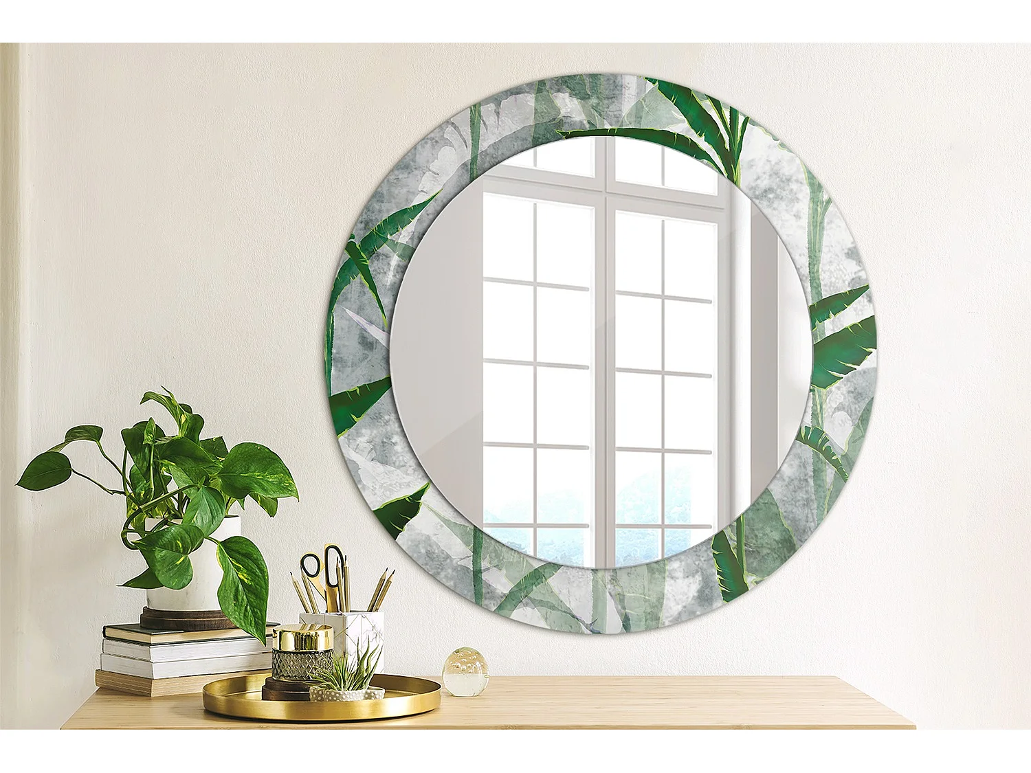 Dekorativer runder Spiegel - Tropische Blätter - 60 cm