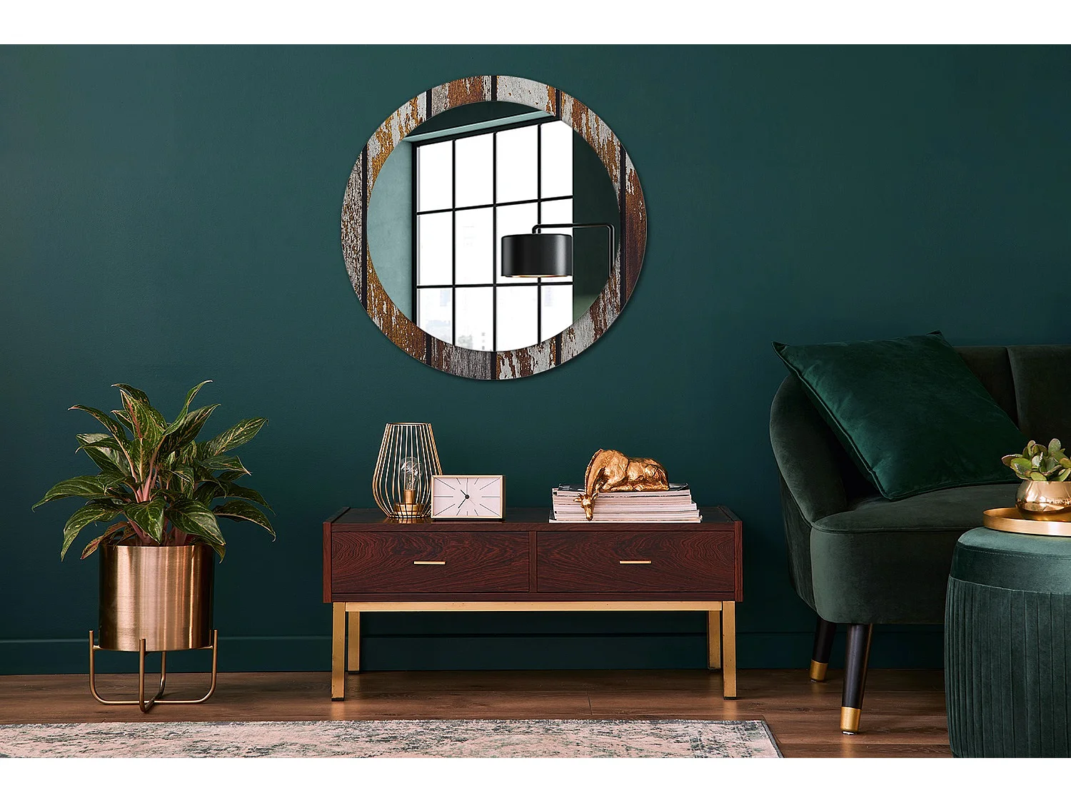 Ronde decoratieve spiegel - Donker vintage hout - 80 cm