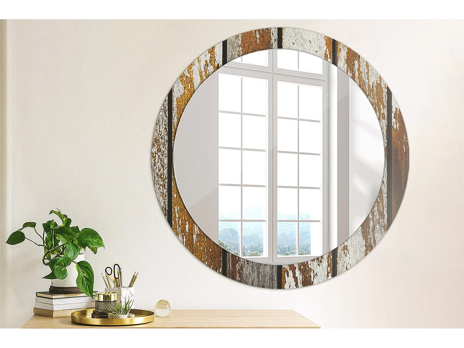 Ronde decoratieve spiegel - Donker vintage hout - 80 cm