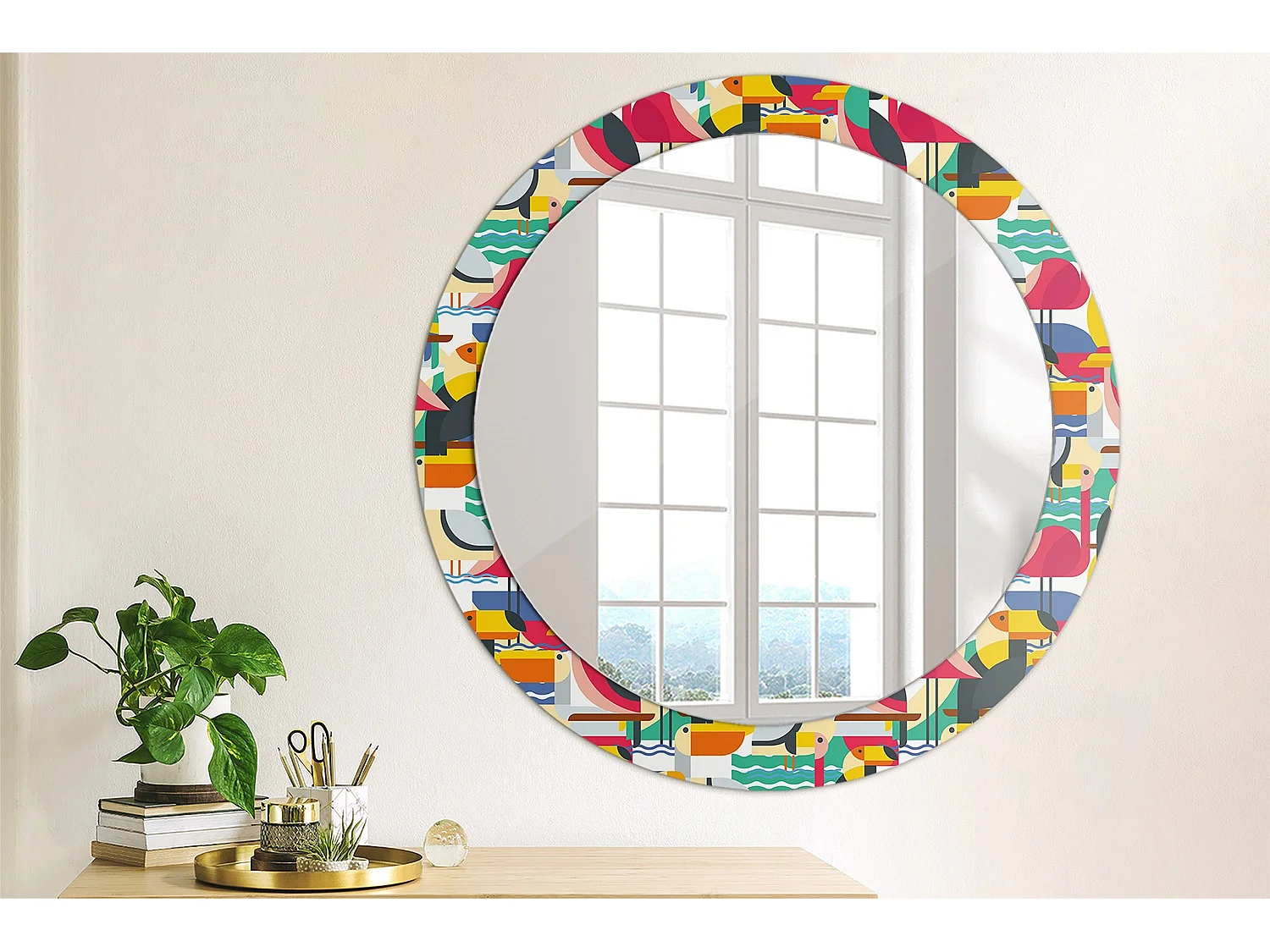 Miroir rond décoratif - Oiseaux tropicaux géométriques - 80 cm