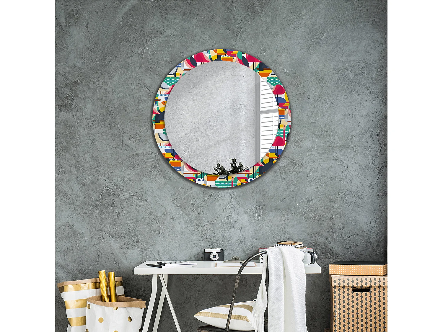 Miroir rond décoratif - Oiseaux tropicaux géométriques - 80 cm