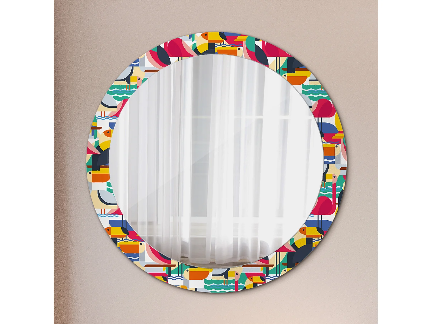 Miroir rond décoratif - Oiseaux tropicaux géométriques - 80 cm