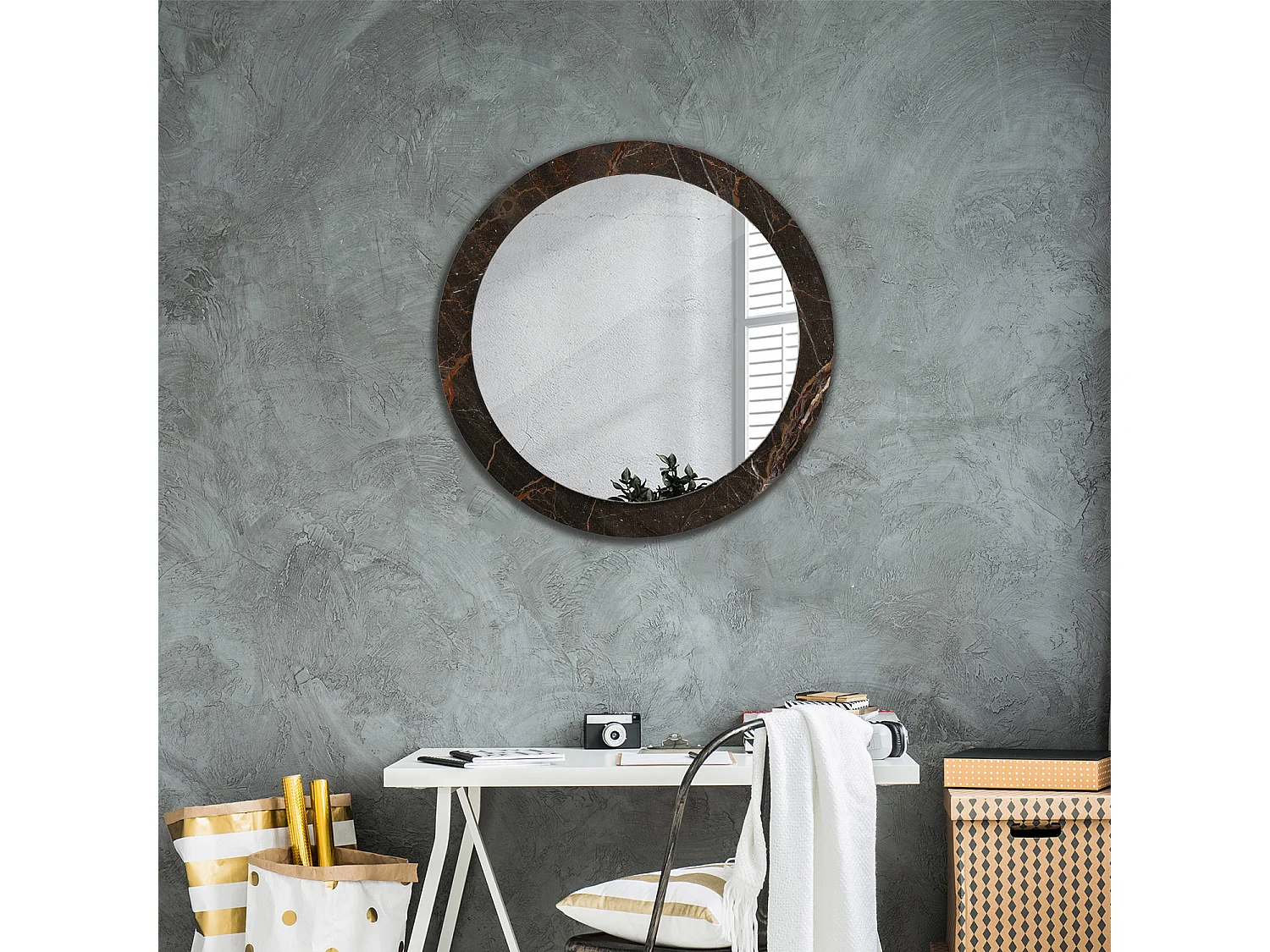 Miroir rond décoratif - Marbre marron - 80 cm