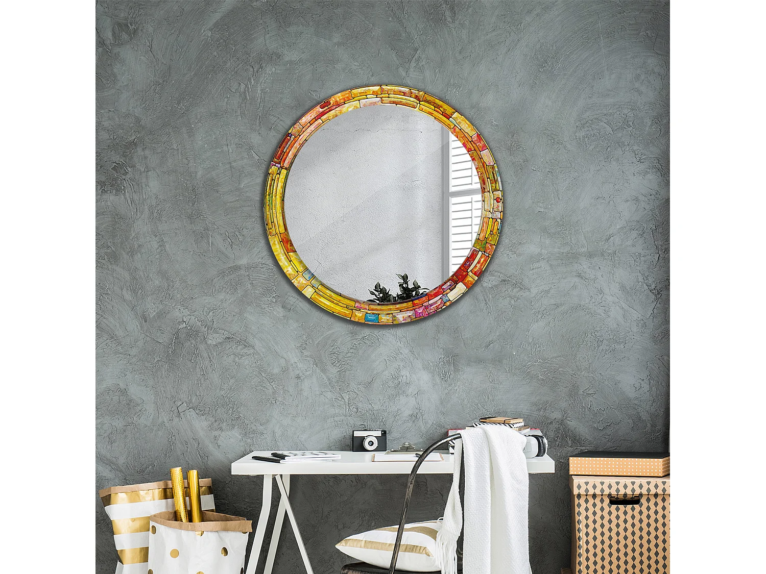 Miroir rond décoratif - Vitrail coloré - 80 cm