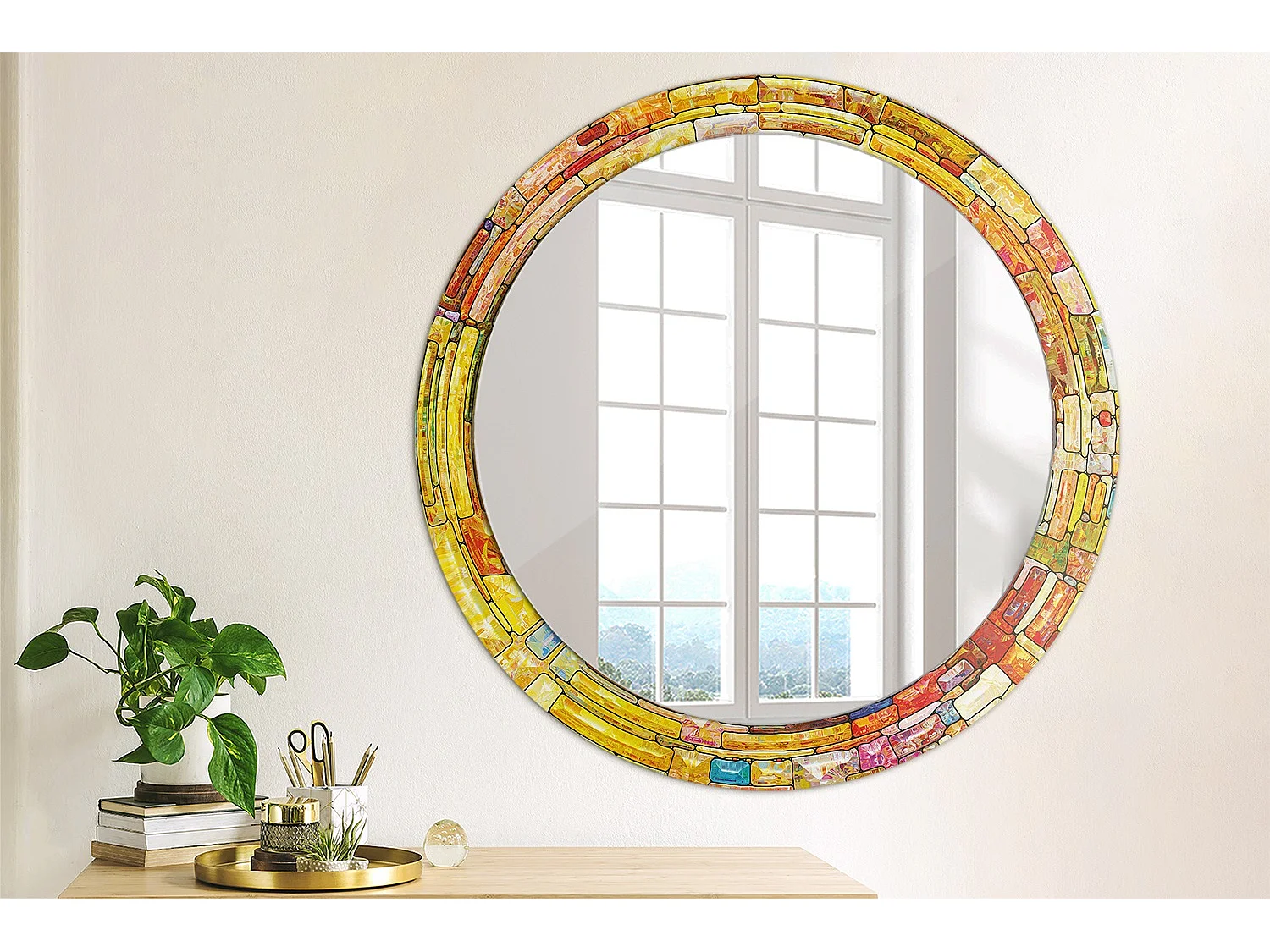 Miroir rond décoratif - Vitrail coloré - 80 cm