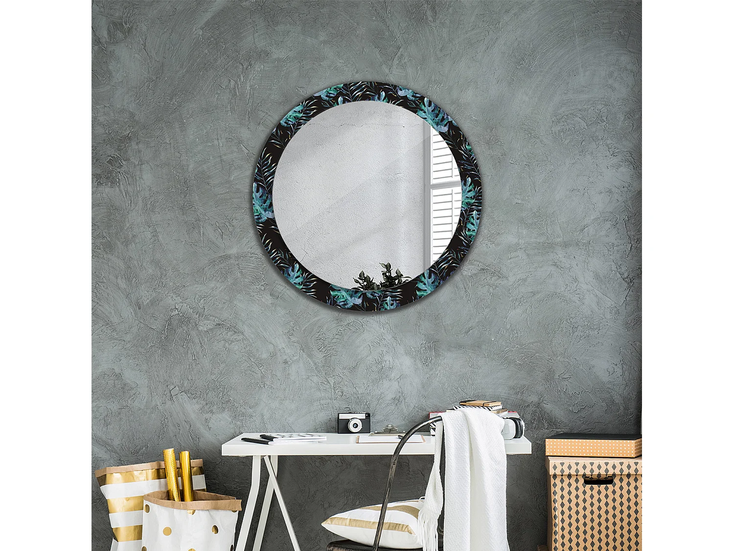 Miroir rond décoratif - Feuilles exotiques - 80 cm