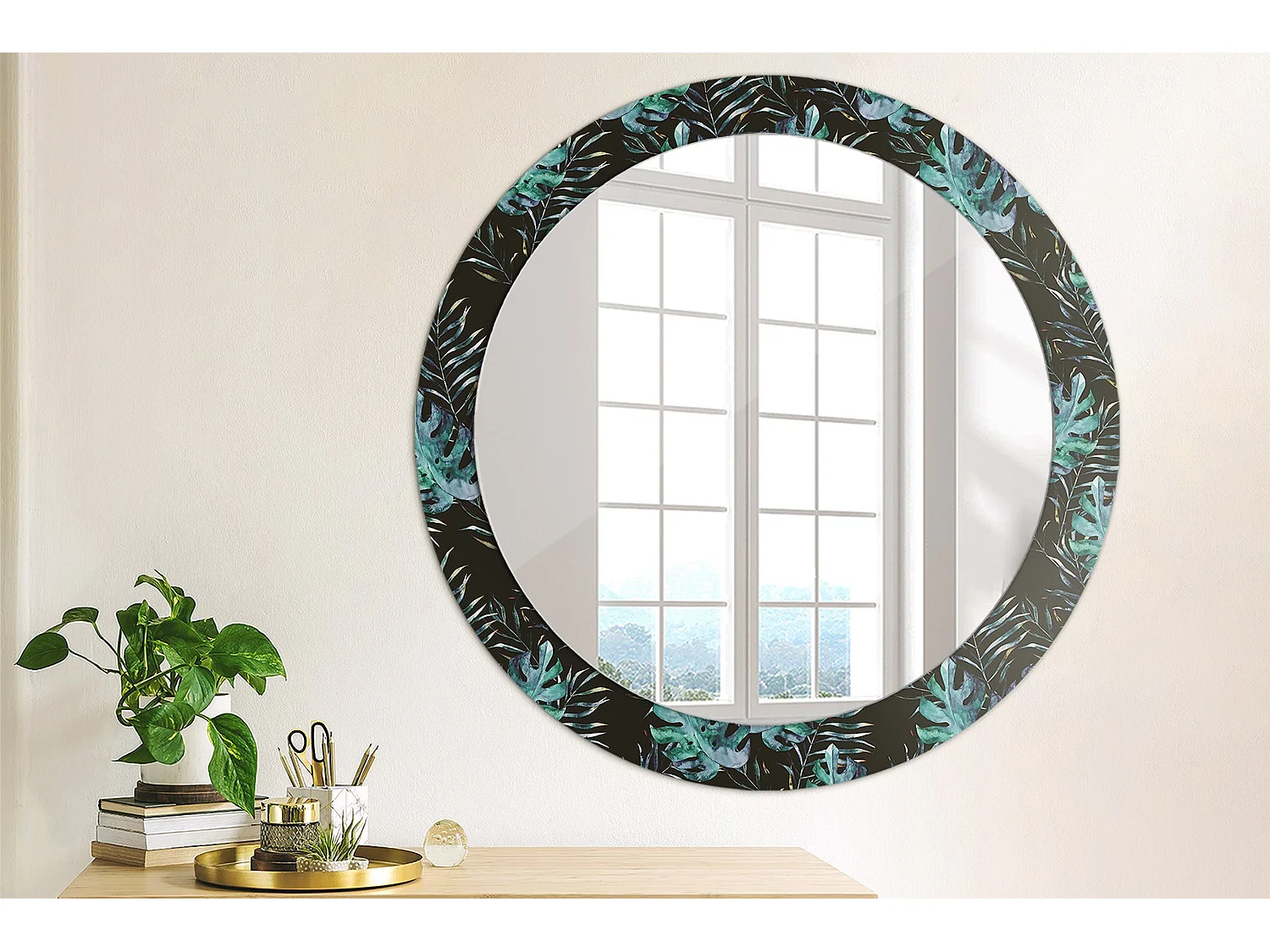 Miroir rond décoratif - Feuilles exotiques - 80 cm
