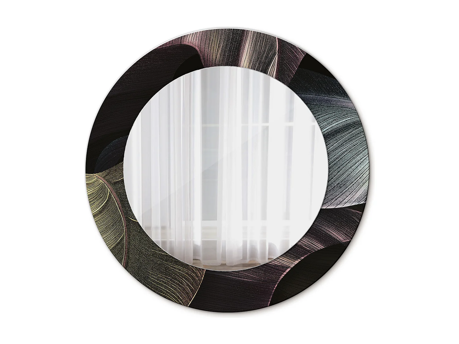 Miroir rond décoratif - Feuilles tropicales foncées - 50 cm