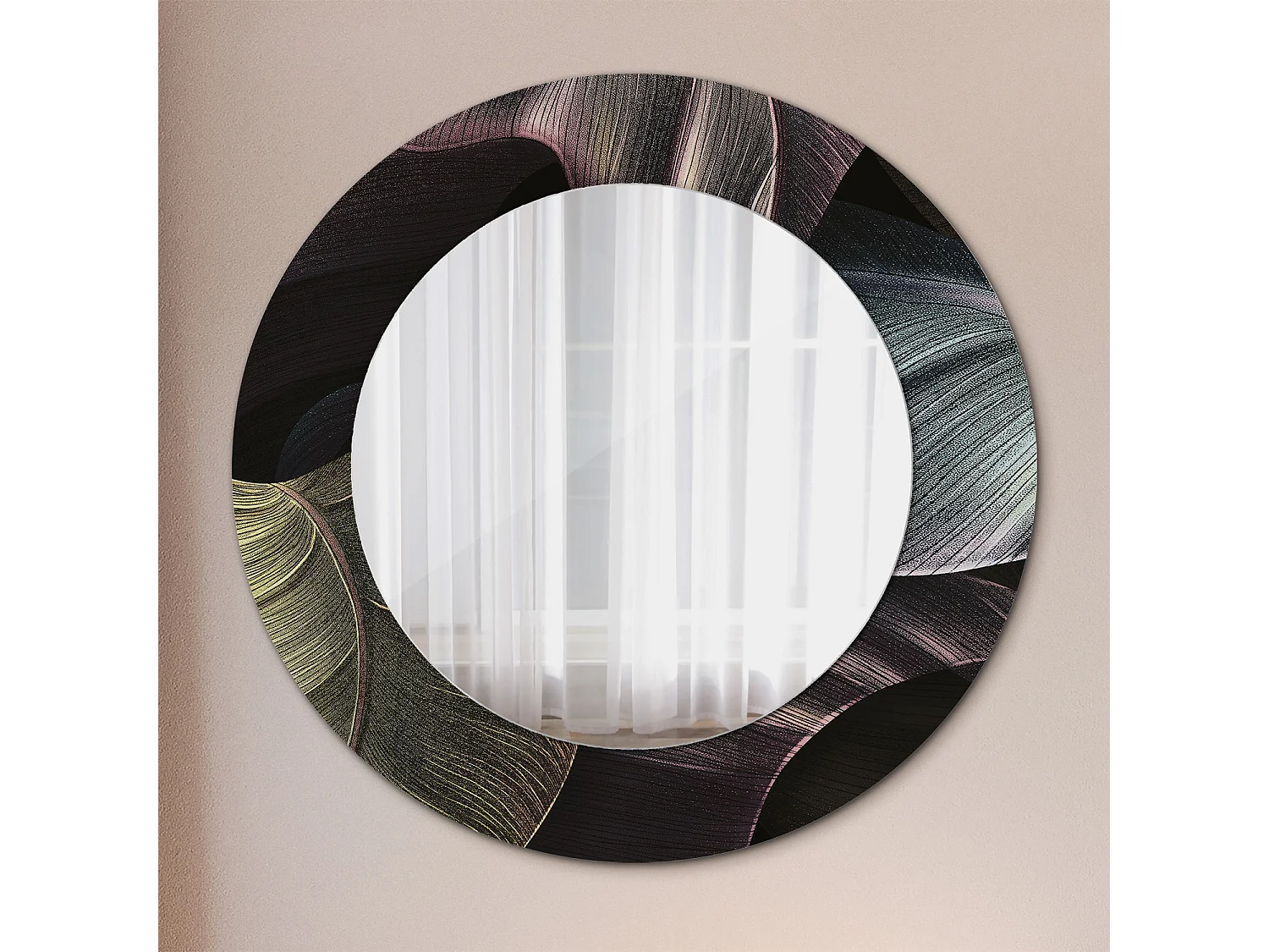 Miroir rond décoratif - Feuilles tropicales foncées - 50 cm