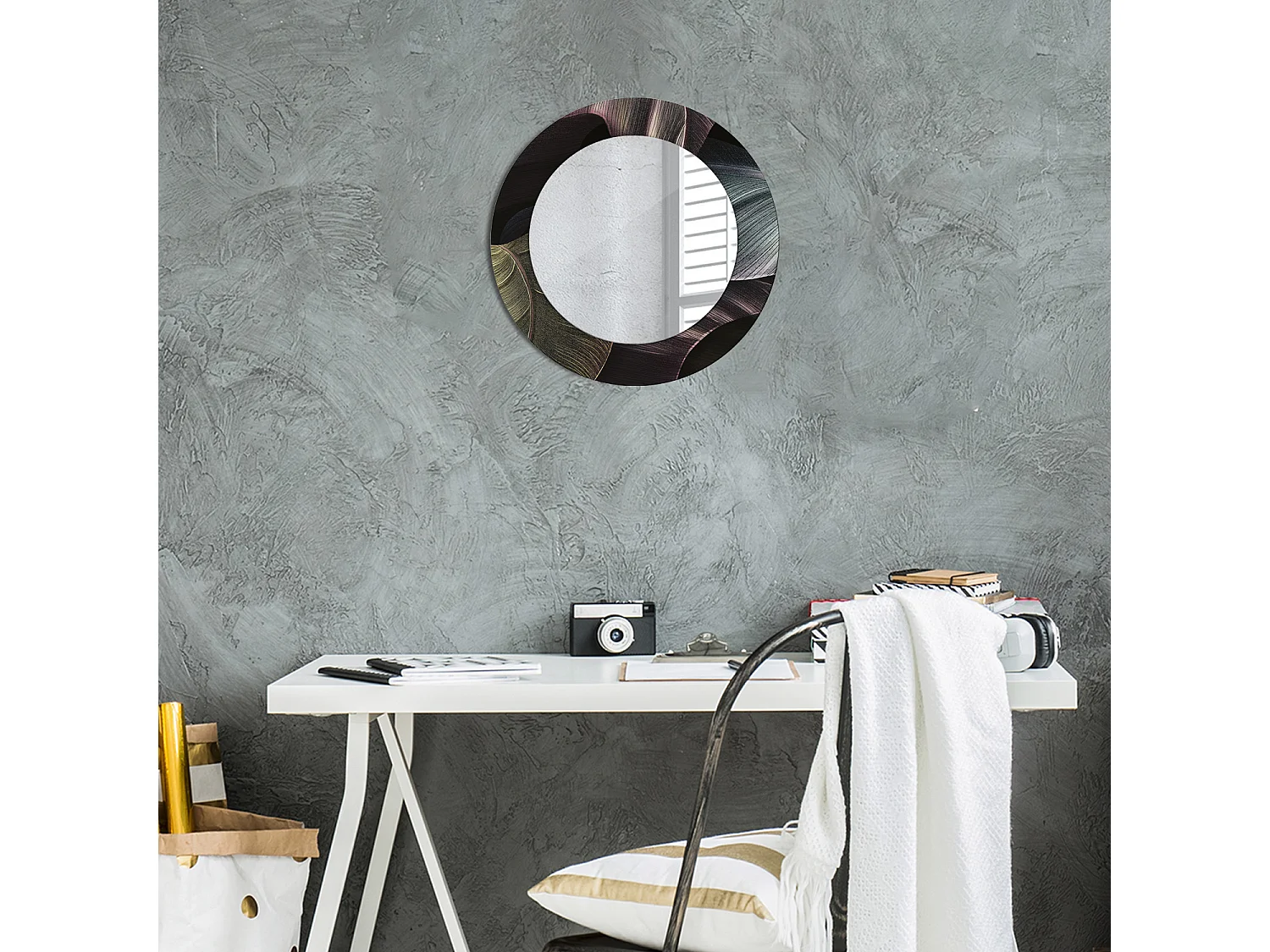 Miroir rond décoratif - Feuilles tropicales foncées - 50 cm