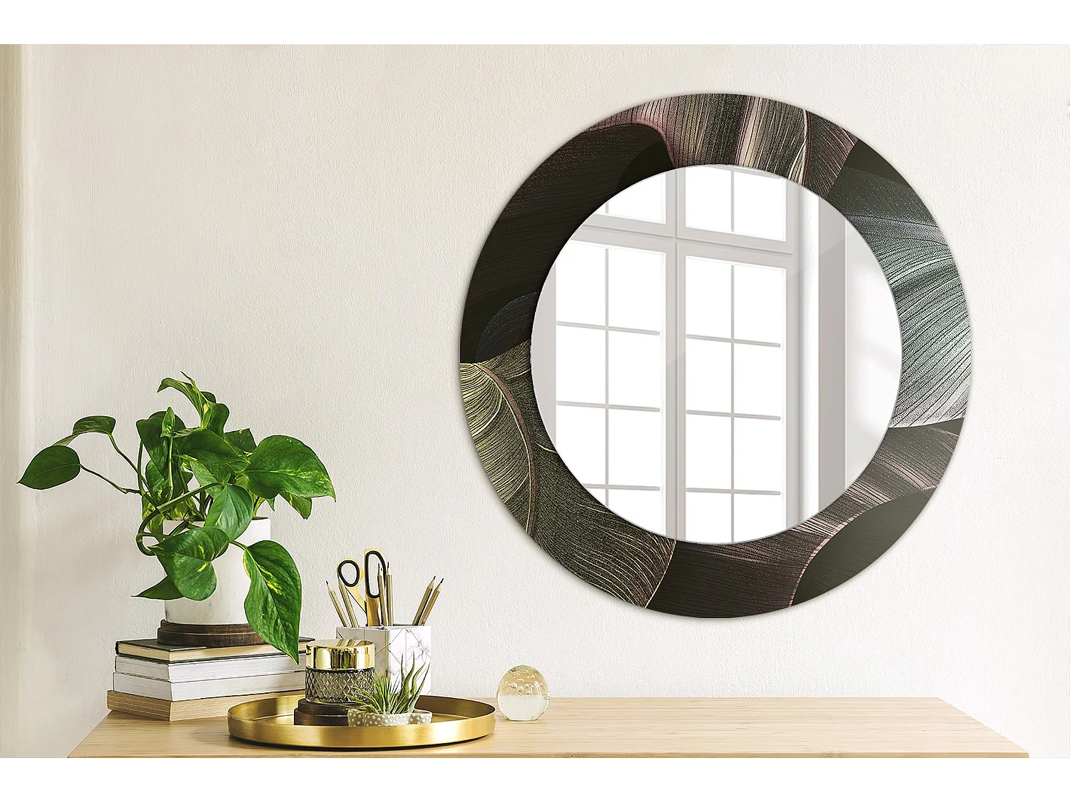 Miroir rond décoratif - Feuilles tropicales foncées - 50 cm