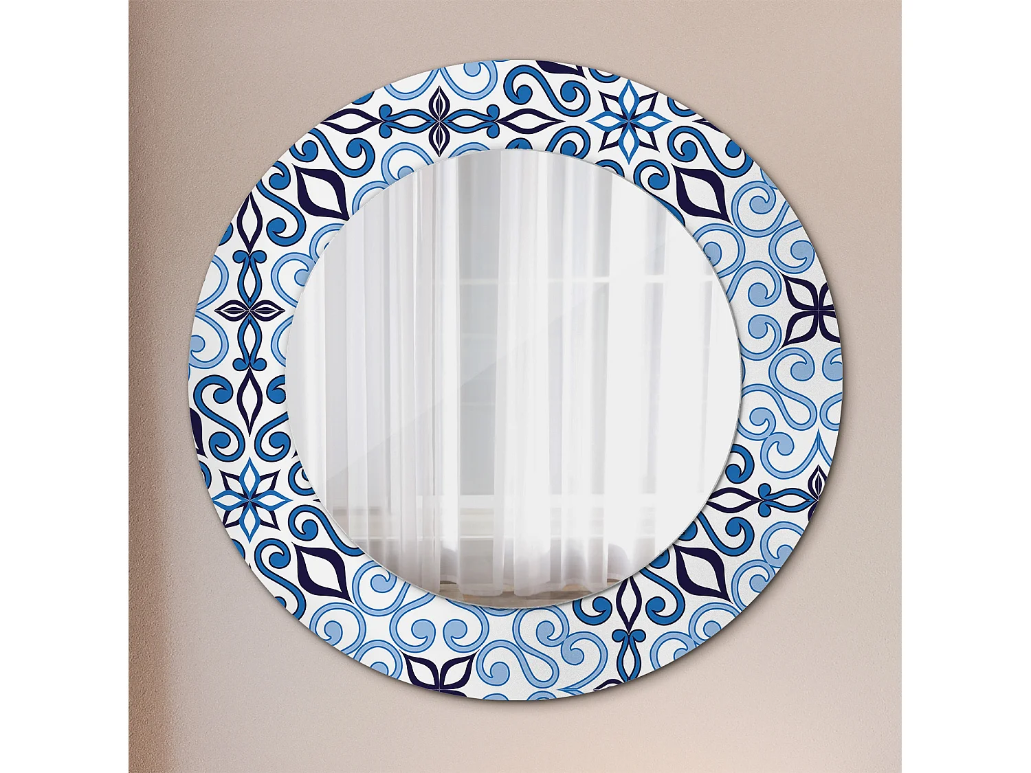 Miroir rond décoratif - Motif arabe bleu - 50 cm
