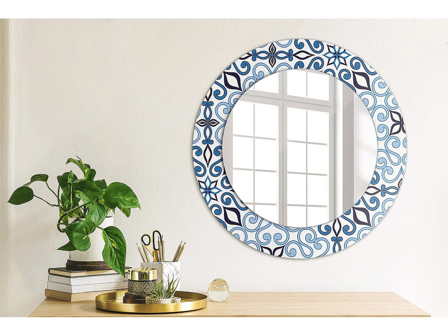 Miroir rond décoratif - Motif arabe bleu - 50 cm