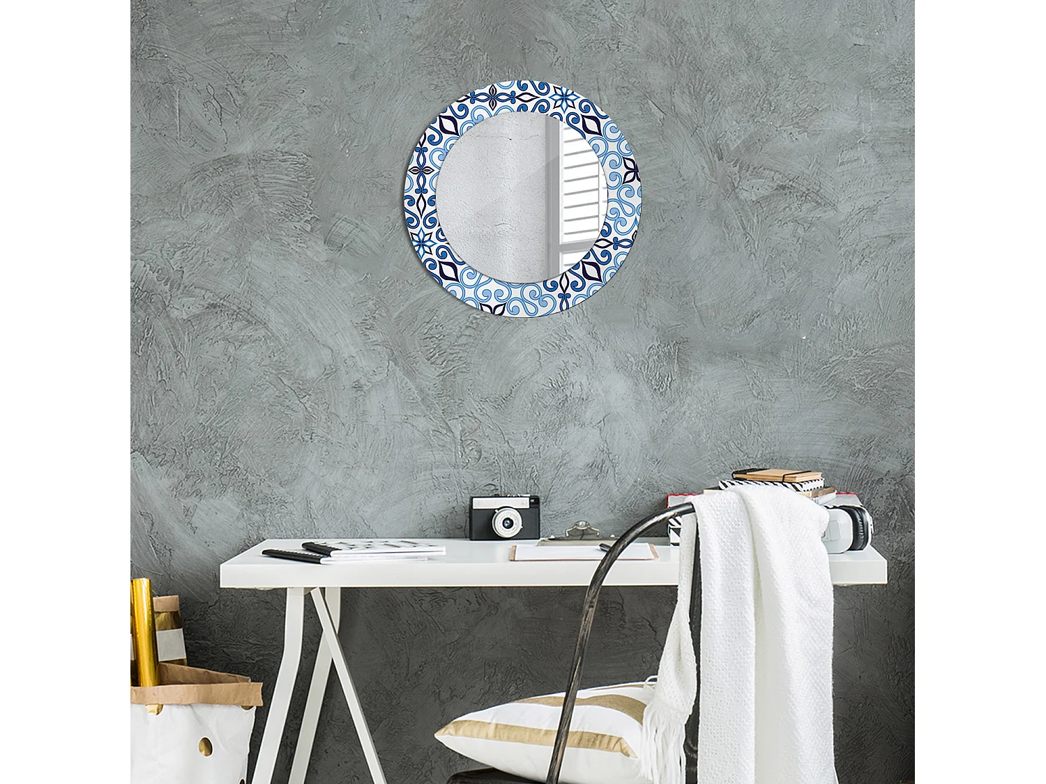 Miroir rond décoratif - Motif arabe bleu - 50 cm