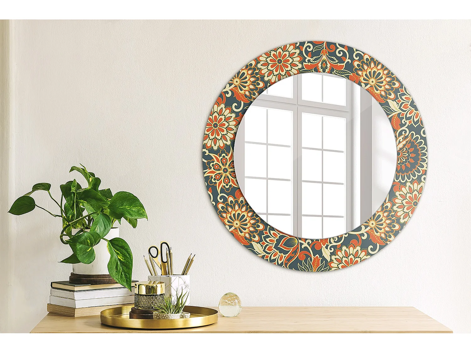 Dekorativer runder Spiegel - Retro-Blumen - 50 cm