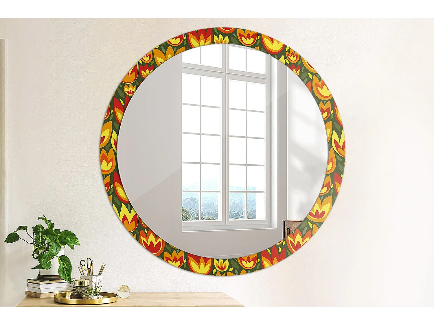 Miroir rond décoratif - Tulipes rétro - 100 cm