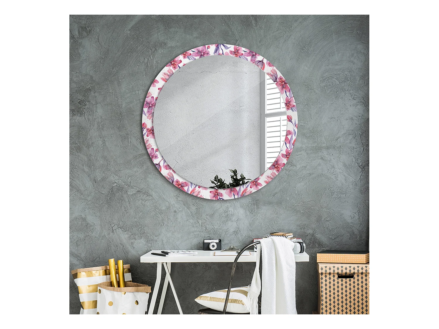 Miroir rond décoratif - Fleurs aquarelles - 90 cm