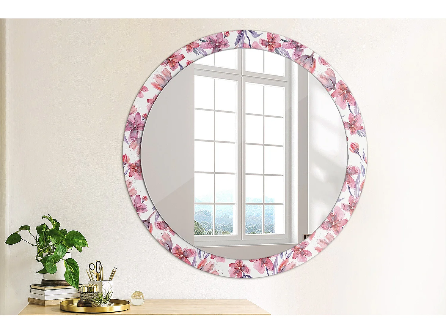 Dekorativer runder Spiegel - Aquarellblumen - 90 cm