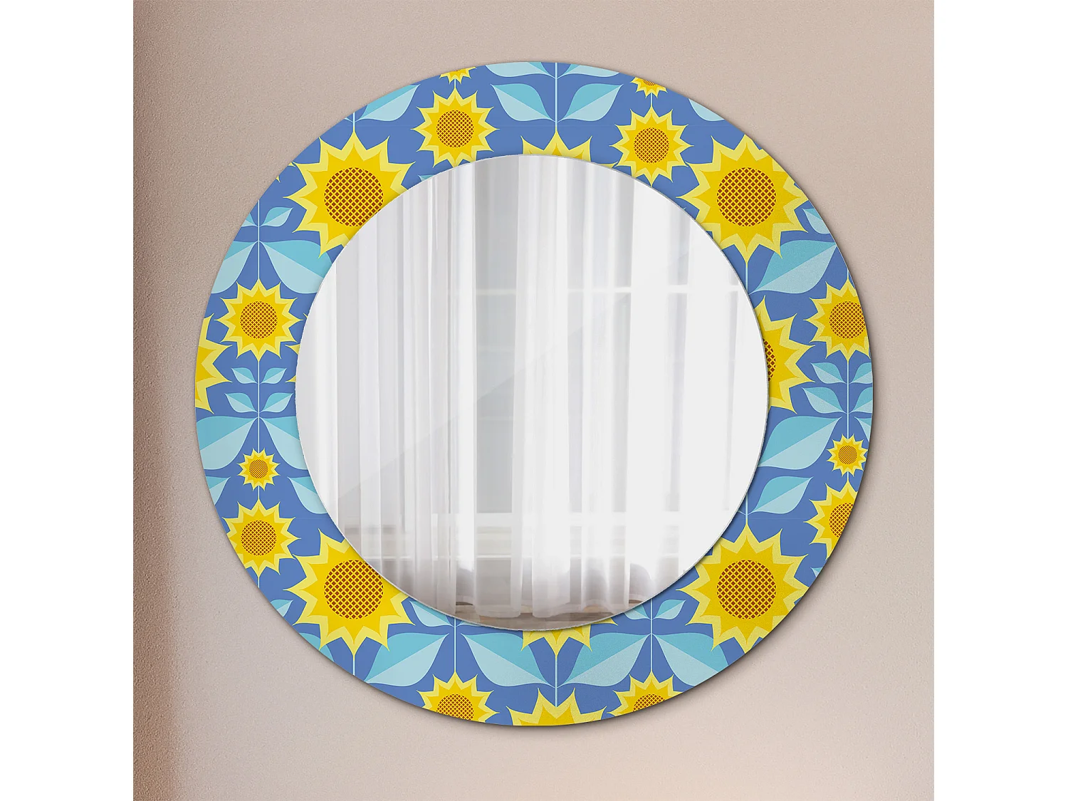 Dekorativer runder Spiegel - Geometrische Sonnenblumen - 50 cm