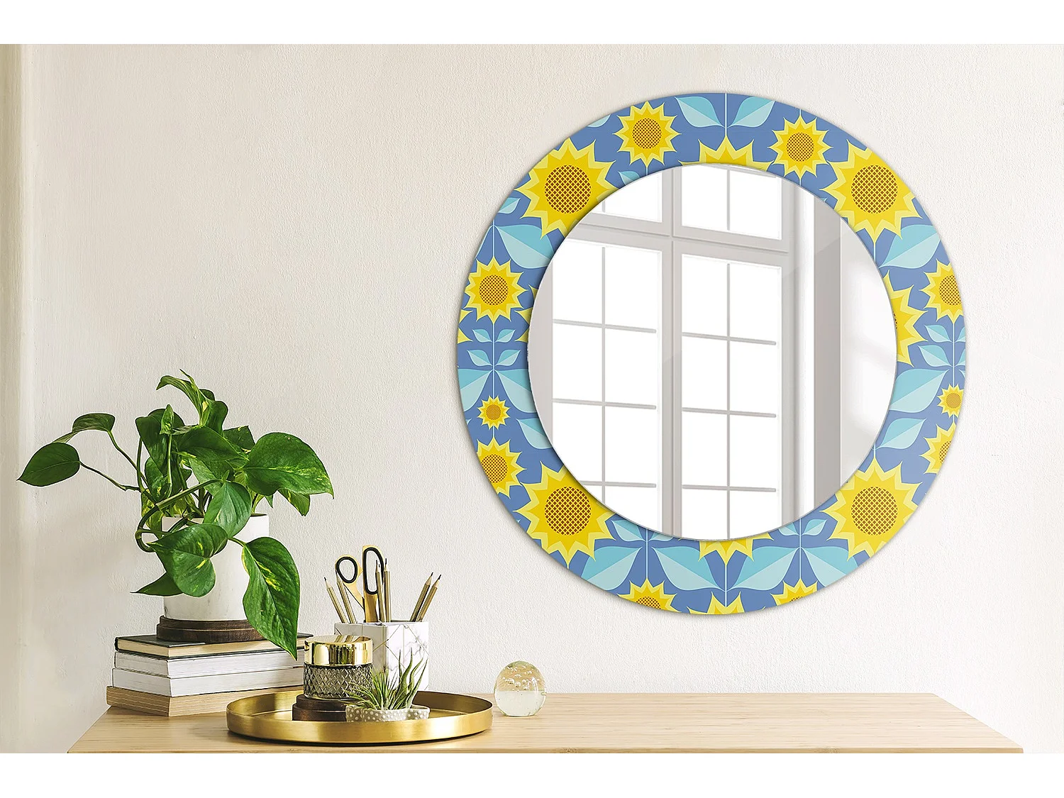 Dekorativer runder Spiegel - Geometrische Sonnenblumen - 50 cm
