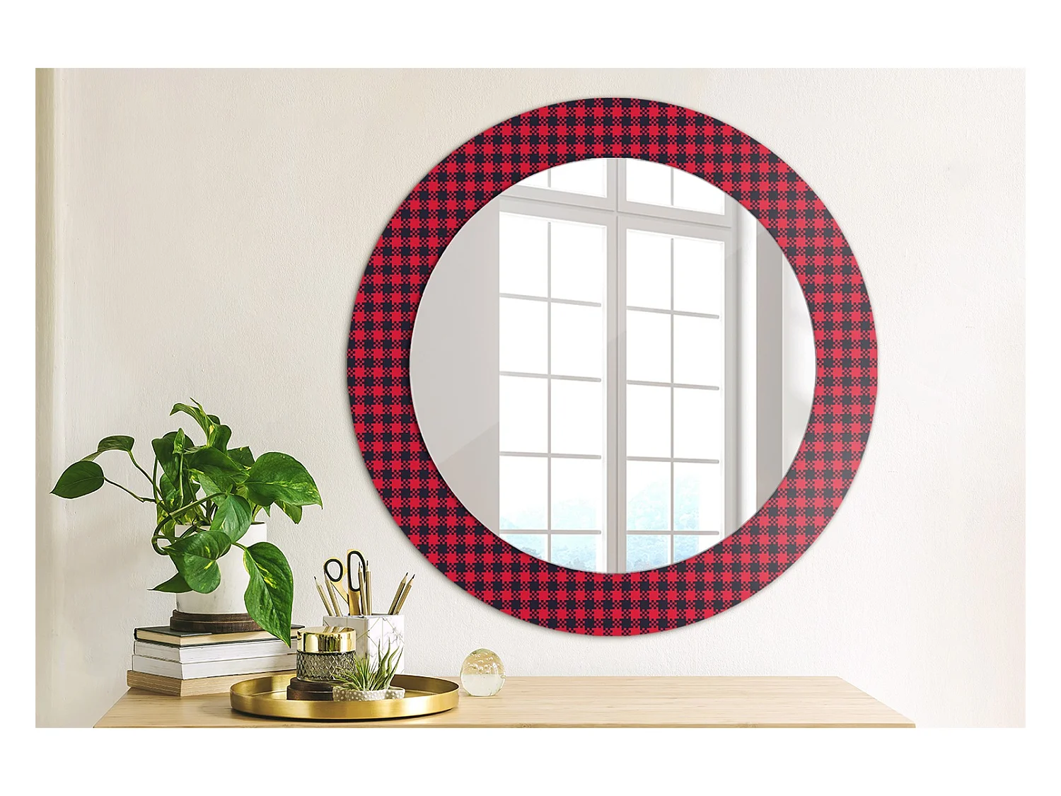 Specchio rotondo decorativo - Griglia rossa - 60 cm
